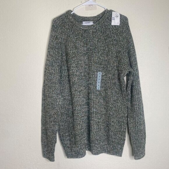 NWT $44 Chunky Cable Knit Sweater XL Green & Gray Rolled Neck Ribbed Pullover - Picture 1 of 7